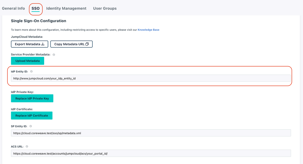 Screenshot of JumpCloud's SSO configuration screen